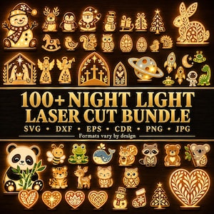Pode incluir: Uma coleção digital de designs de luzes noturnas cortadas a laser com vários animais, temas festivos, motivos espaciais e padrões florais. O texto 100+ NIGHT LIGHT LASER CUT BUNDLE SVG DXF EPS CDR PNG JPG é exibido no centro.