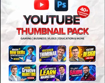May include: A digital YouTube thumbnail pack featuring over 40 customizable templates for gaming, business, vlogs, and education. The graphic displays the YouTube and Photoshop logos, bold red and black text, and six sample thumbnail designs with people.