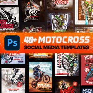 Peut inclure: Ensemble de modèles de médias sociaux de motocross. Les modèles présentent des images de motos, de pilotes et d'informations sur les événements. Le texte comprend "40+ MOTOCROSS SOCIAL MEDIA TEMPLATES" et "BMX STYLE EDITION".
