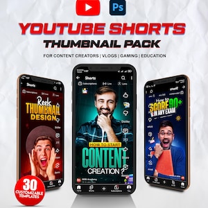 Paquete de 30 plantillas de miniaturas para YouTube Shorts, archivos PSD editables de Photoshop, diseños virales de alto impacto para creadores de contenido.