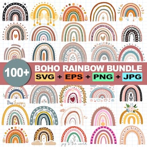 Más de 100 archivos SVG de arcoíris bohemios, paquete de imágenes prediseñadas de arcoíris para Cricut, arte de pared para habitación infantil, PNG de sublimación
