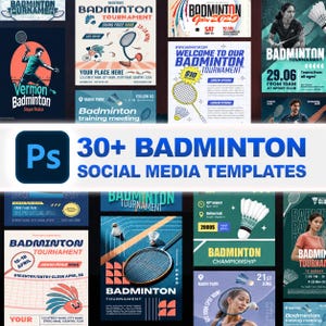 Könnte beinhalten: Eine Sammlung von über 30 digitalen Social-Media-Vorlagen für Badmintonturniere mit verschiedenen grafischen Designs, Illustrationen von Schlägern und Federbällen, Veranstaltungsdaten und Platzhaltertexten.