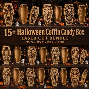May include: A collection of laser-cut wooden coffin-shaped candy boxes featuring intricate Halloween-themed designs like skulls, ghosts, pumpkins, cats, and bats. The text 15+ Halloween Coffin Candy Box Laser Cut Bundle SVG DXF EPS PNG is displayed.