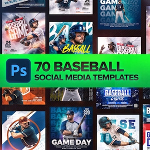 Pode incluir: Uma coleção de 70 modelos de redes sociais de beisebol com vários designs gráficos de jogadores em uniforme, capacetes e segurando tacos, com textos incluindo Baseball Game, Game Day e informações sobre preços de ingressos.