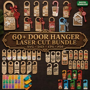 May include: A digital download bundle of 60+ laser cut door hanger designs in SVG, DXF, EPS, and PDF formats. The collection features various wooden-style tags with holiday themes, Santa's magic keys, tooth fairy motifs, and gaming-related signs.