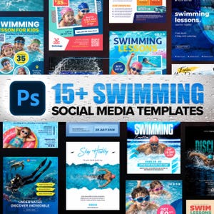 Peut inclure: Une collection de plus de 15 modèles de réseaux sociaux sur la natation présentant divers designs graphiques pour des cours de natation, des compétitions et des activités sous-marines, incluant du texte, des images de nageurs et des graphismes aquatiques.