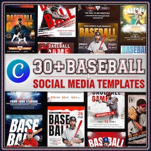 May include: A collection of 30+ baseball social media templates featuring various graphic designs, including images of baseball players in uniforms, bats, balls, and bold typography with event details like dates, times, and ticket prices.