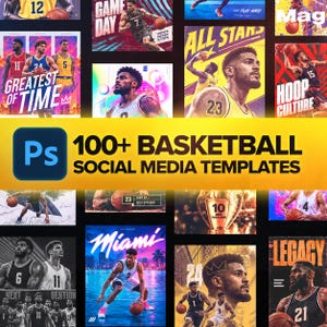 Könnte beinhalten: Eine Sammlung von über 100 Basketball-Social-Media-Vorlagen mit verschiedenen Grafikdesigns von Spielern in Trikots, Basketbällen und fetter Typografie. Das zentrale gelbe Banner zeigt den Text Ps 100+ BASKETBALL SOCIAL MEDIA TEMPLATES.