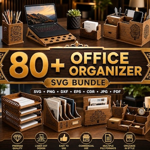 80種類以上のデスクオーガナイザーSVGバンドル、レーザーカットオフィス収納デザイン、木製ファイルホルダーテンプレート、Glowforge CNCカットファイル