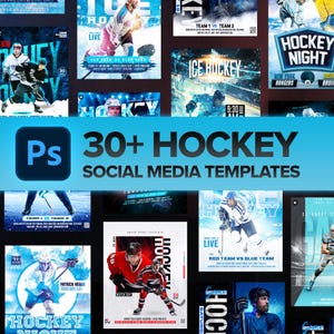 Puede incluir: Más de 30 plantillas de redes sociales con temática de hockey. Los diseños presentan imágenes de jugadores de hockey en acción, anuncios de noches de juego y logotipos de equipos. La paleta de colores incluye azules, rojos y blancos, con superposiciones de texto.