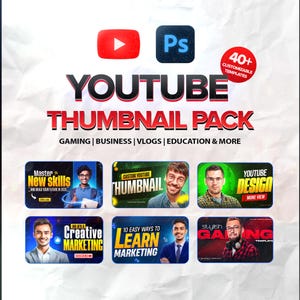 Paquete profesional de miniaturas de YouTube: más de 40 plantillas PSD de miniaturas editables de Photoshop para videojuegos, vlogs, educación, empresas y creadores de contenido.