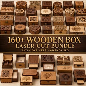 Bundel met meer dan 160 lasergesneden houten doosjes, Glowforge xTool CNC-bestanden, lasergesneden doosjesjablonen (SVG, DXF), sieradendoosjes als aandenken.