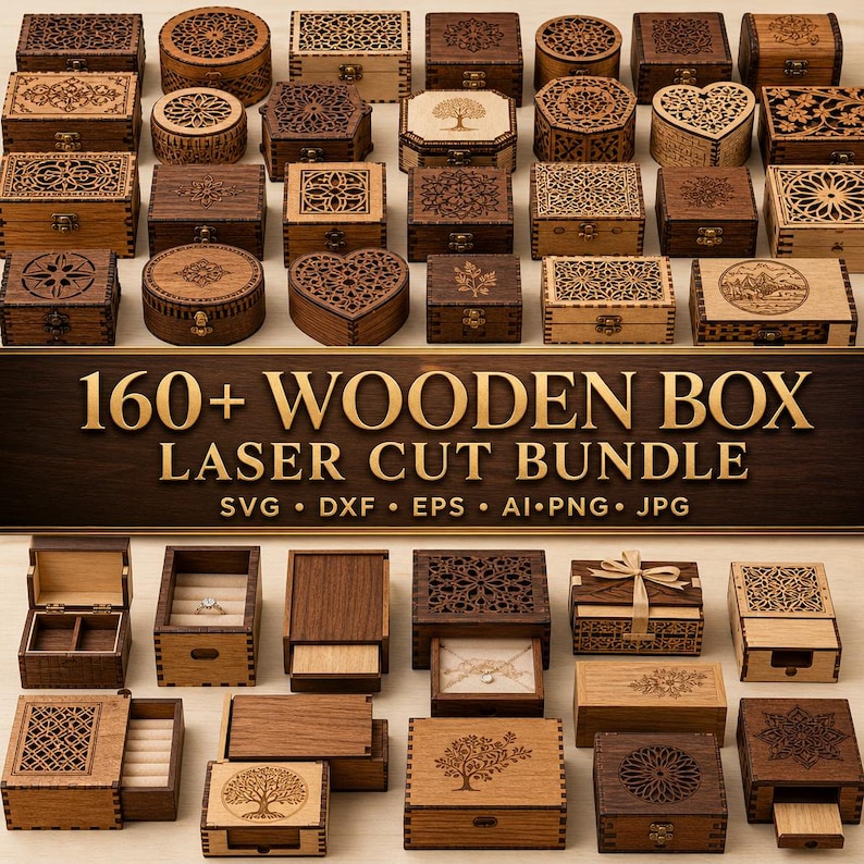 May include: A collection of various wooden boxes featuring intricate laser-cut designs, including square, rectangular, round, and heart shapes. The text 160+ WOODEN BOX LASER CUT BUNDLE SVG DXF EPS AI PNG JPG is displayed prominently across the center.