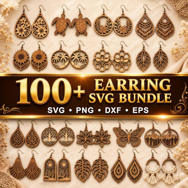 May include: A digital collection of over 100 earring designs in SVG, PNG, DXF, and EPS formats. The image displays various laser-cut wooden earring styles including sunflowers, turtles, bees, butterflies, trees, and geometric patterns on a light background.