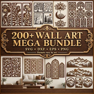 Può includere: Una collezione digitale di oltre 200 design di arte murale con intricati motivi tagliati al laser, inclusi motivi floreali, forme geometriche, paesaggi e sagome. È visualizzato il testo 200+ WALL ART MEGA BUNDLE SVG DXF EPS PNG.