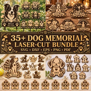 Paquete de más de 35 diseños de memoriales para perros cortados con láser, adornos y estacas de jardín en formato SVG y DXF.