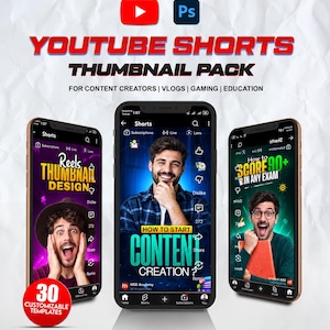 以下が含まれることがあります： YouTube Shortsのインターフェースを表示する3台のスマートフォンを含むデジタル製品パック。テキストには「YOUTUBE SHORTS THUMBNAIL PACK」、「FOR CONTENT CREATORS」、「REELS THUMBNAIL DESIGN」、「HOW TO START CONTENT CREATION」、「HOW TO SCORE 90+ IN ANY EXAM」と記載されています。
