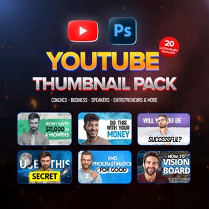 Puede incluir: Gráfico promocional para un paquete de miniaturas de YouTube, con los logotipos de YouTube y Photoshop. El texto dice "YOUTUBE THUMBNAIL PACK" y "20 PLANTILLAS PERSONALIZABLES". Incluye miniaturas con texto como "HOW I SAVED $11,000 IN 6 MONTHS" y "DO THIS WITH YOUR MONEY".