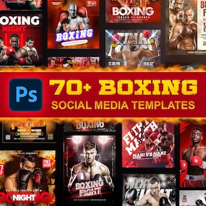 May include: A collection of boxing-themed social media templates. The image features various promotional graphics with boxers, fight night announcements, and event details. The text includes "Boxing Fight" and "70+ Boxing Social Media Templates."
