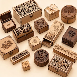 May include: A collection of various wooden boxes featuring intricate laser-cut designs, including floral patterns, tree motifs, mountain landscapes, and geometric shapes. The set includes rectangular, square, and round boxes with hinged lids.