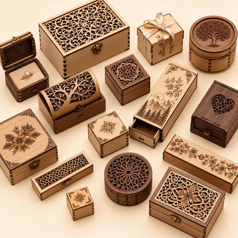 May include: A collection of various wooden boxes featuring intricate laser-cut designs, including floral patterns, tree motifs, mountain landscapes, and geometric shapes. The set includes rectangular, square, and round boxes with hinged lids.