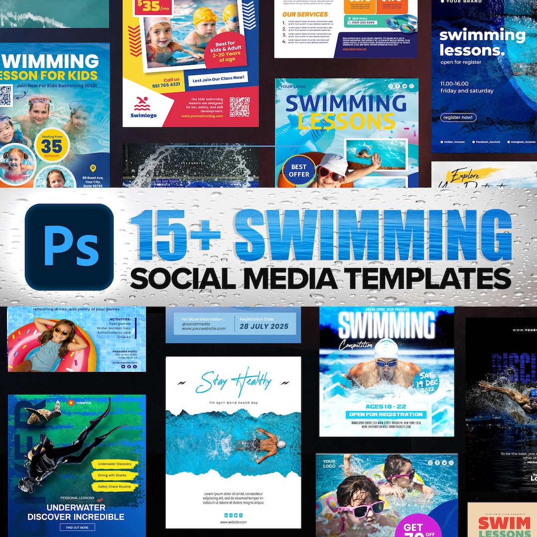 Swimming Social Media Templates Bundle for Instagram, Pool Party Posts