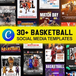 May include: A collection of 30+ basketball social media templates featuring various graphic designs, basketball players in action, tournament schedules, match day announcements, and championship imagery with bold typography and vibrant color schemes.