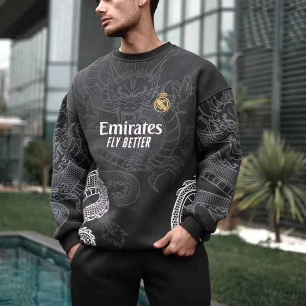 Sweat-shirt unisexe en tissu éponge compact à 3 épaisseurs, coupe surdimensionnée, imprimé Real Madrid, nouvelle saison