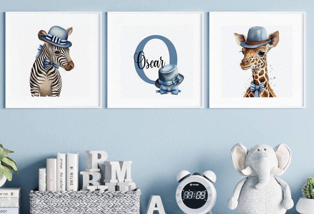 Personalized Baby Boys Safari Animals With Blue Bow Tie and Fedora Hat