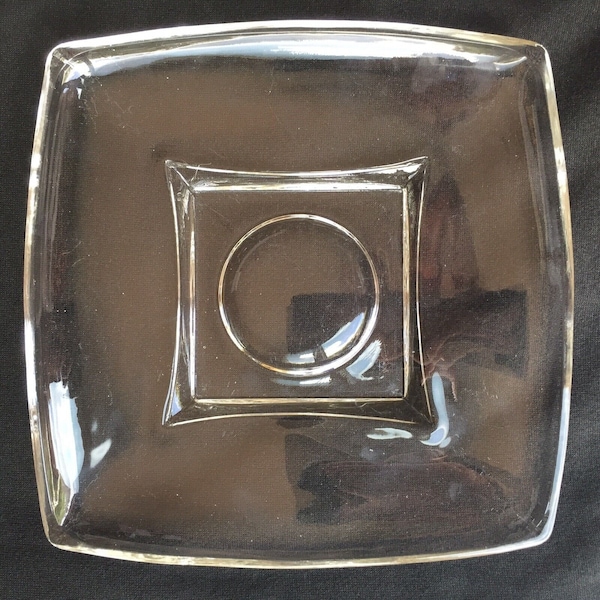 Clear Glass Serving Plate Square Geometric Circle Center Art Deco Vintage Retro