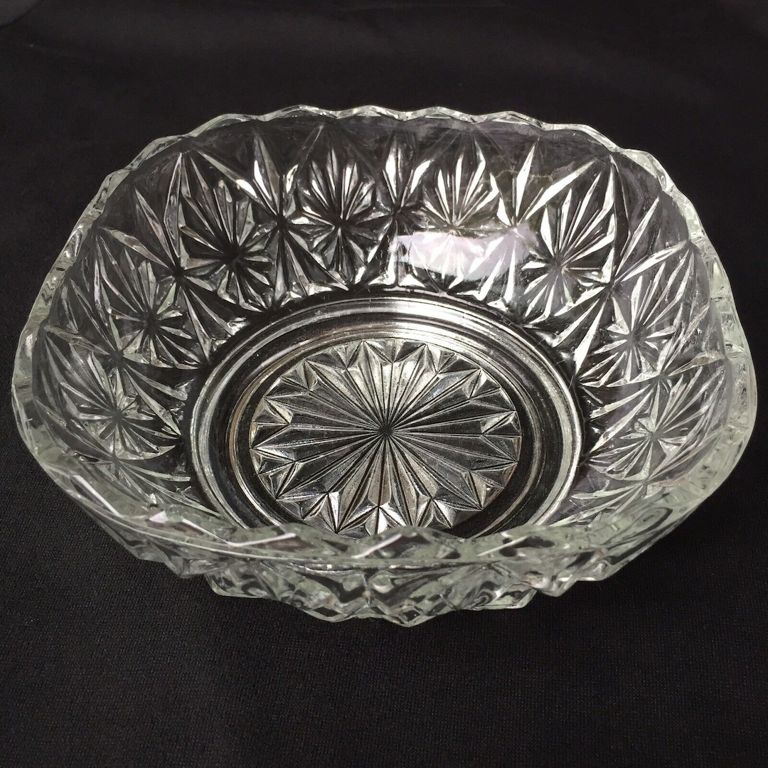 Vintage Cut Glass Bowl Clear Rounded Serving Dish Starburst Etch