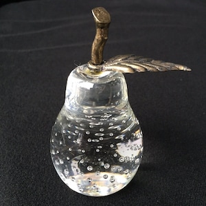 Art Glass Paperweight Pear Shape Clear Controlled Bubbles Metal Stem Leaf Vtg
