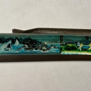 May include: A rectangular metal tie bar featuring a colorful graphic illustration of two figures in black and white striped shirts swimming in blue water near a shark, with a city skyline and a suspension bridge visible in the background.