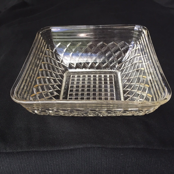 Vintage Cut Glass Serving Bowl Square Geometric Diamonds Ridges Retro Ornate