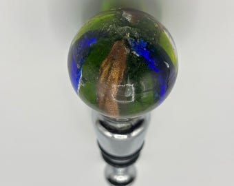 Art Glass Wine Bottle Stopper Topper Green Ball Gold Blue Striped Glossy Bubbles
