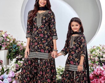 Black Flower Print Mother daughter matching luxury Sharara Suit, Mommy and me baby dress, Dress for first birthday, mom baby wedding dress