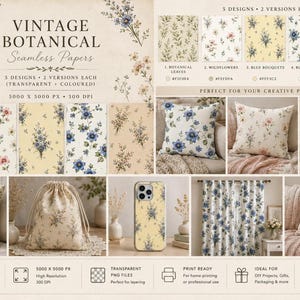 Puede incluir: Una colección digital de 10 papeles botánicos vintage sin costuras con 5 diseños en versiones transparentes y a color. El conjunto incluye patrones florales con hojas, flores silvestres, ramos azules, clemátides azules y ramos rústicos.