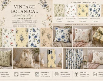 Op de afbeelding: Een digitale collectie van 10 vintage botanische naadloze papieren met 5 ontwerpen in transparante en gekleurde versies. De set bevat bloemmotieven met bladeren, wilde bloemen, blauwe boeketten, blauwe clematis en cottage-boeketten.