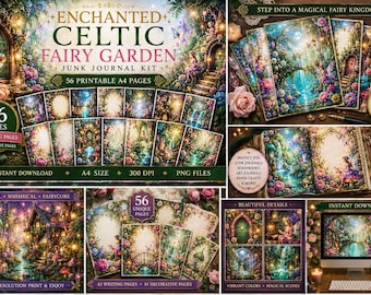 Op de afbeelding: Een digitale junk journal kit genaamd Enchanted Celtic Fairy Garden met 56 printbare A4-pagina's. De collectie bevat 42 schrijfpagina's en 14 decoratieve pagina's met levendige illustraties van feeën, bloementuinen en stenen bogen.