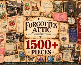 Op de afbeelding: Een digitale collage van vintage ephemera met labels, ansichtkaarten en advertenties. De centrale tekst luidt The Forgotten Attic, A Vintage Ephemera Collection, 1500+ Pieces. Bevat afbeeldingen van marktscènes, bloemen, dieren en mensen.