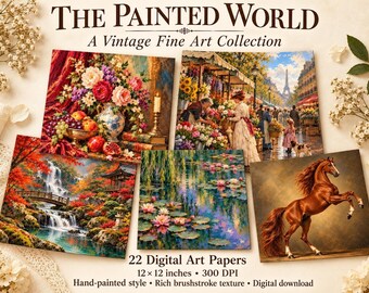 Op de afbeelding: Een collectie van vijf vierkante digitale kunstprints met een bloemstilleven, een Parijs straatbeeld met de Eiffeltoren, een Japanse tuin met waterval, een waterlelievijver en een steigerend bruin paard, getiteld The Painted World.