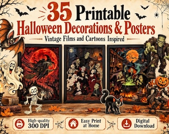 Op de afbeelding: Een verzameling van 35 printbare Halloween-decoraties en posters, geïnspireerd op vintage films en tekenfilms. De set bevat drie ingelijste prints met heksen, monsters en skeletten, samen met diverse griezelige grafische elementen.