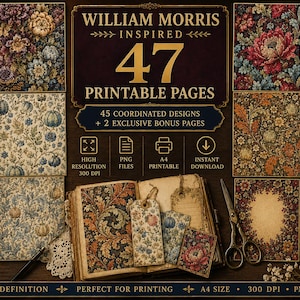 Puede incluir: Una colección de 47 páginas imprimibles con patrones florales y botánicos inspirados en William Morris en colores intensos. El set incluye 45 diseños coordinados y 2 páginas extra en tamaño A4, 300 DPI, formato PNG, junto a un libro abierto.