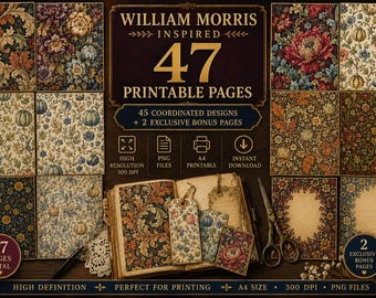 Op de afbeelding: Een verzameling van 47 printbare pagina's met William Morris geïnspireerde bloemen- en botanische patronen in rijke kleuren. De set bevat 45 gecoördineerde ontwerpen en 2 bonuspagina's in A4-formaat, 300 DPI, PNG-bestanden, getoond met een open boek.