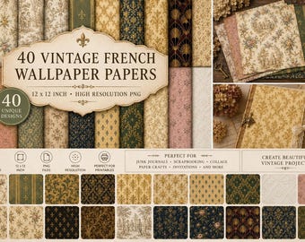 Vintage Franse behangset, 40 digitale PNG-afbeeldingen, 30 x 30 cm