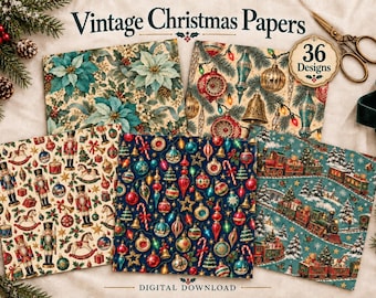 Op de afbeelding: Een collectie van vijf vellen decoratief papier met vintage kerstontwerpen, waaronder kerststerren, ornamenten, notenkrakers en een kersttrein. De tekst "Vintage Christmas Papers" en "36 Designs" is zichtbaar.
