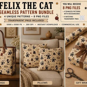 Puede incluir: Un paquete de patrones digitales sin costuras de Felix the Cat con 8 archivos PNG, 4 patrones únicos y 4 PNG transparentes. La imagen muestra un bolso, dos cojines y una caja de regalo, todos decorados con un motivo repetitivo de Felix the Cat.