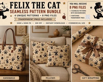 Op de afbeelding: Een digitaal Felix the Cat naadloos patroonpakket met 8 PNG-bestanden, 4 unieke patronen en 4 transparante PNG's. De afbeelding toont een draagtas, twee sierkussens en een ingepakte geschenkdoos, allemaal versierd met een herhalend Felix the Cat motief.