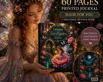 Op de afbeelding: Een gedrukt dagboek van 60 pagina's genaamd Enchanted Fairy Garden Journal, met een omslagillustratie van een fee in een bloementuin. De achterkant toont een tuin bij maanlicht met een brug en bloemen. Het dagboek wordt vastgehouden.