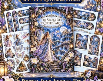 Op de afbeelding: Een digitale junk journal kit getiteld The Secret Life of Celtic Fairies, met 64 printbare A4-pagina's met illustraties van feeën, vlinders en maanverlichte landschappen in paarse, blauwe en gouden tinten met sierlijke randen.